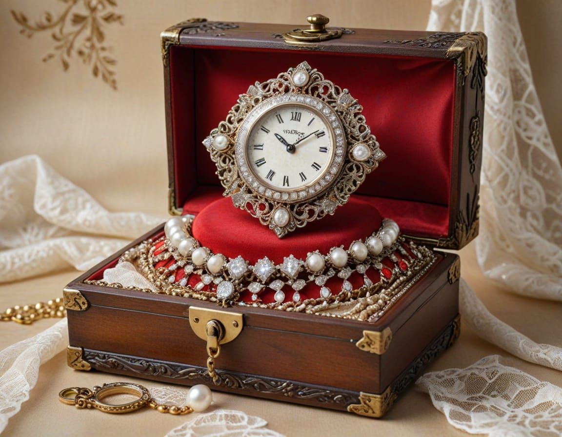 Luxurious Antique Jewelry Display in Ornate Wooden Case