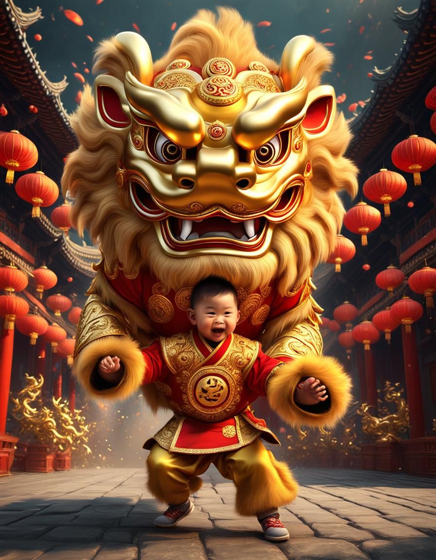 Golden Lion Dance Performance by Boy, Digital Art
