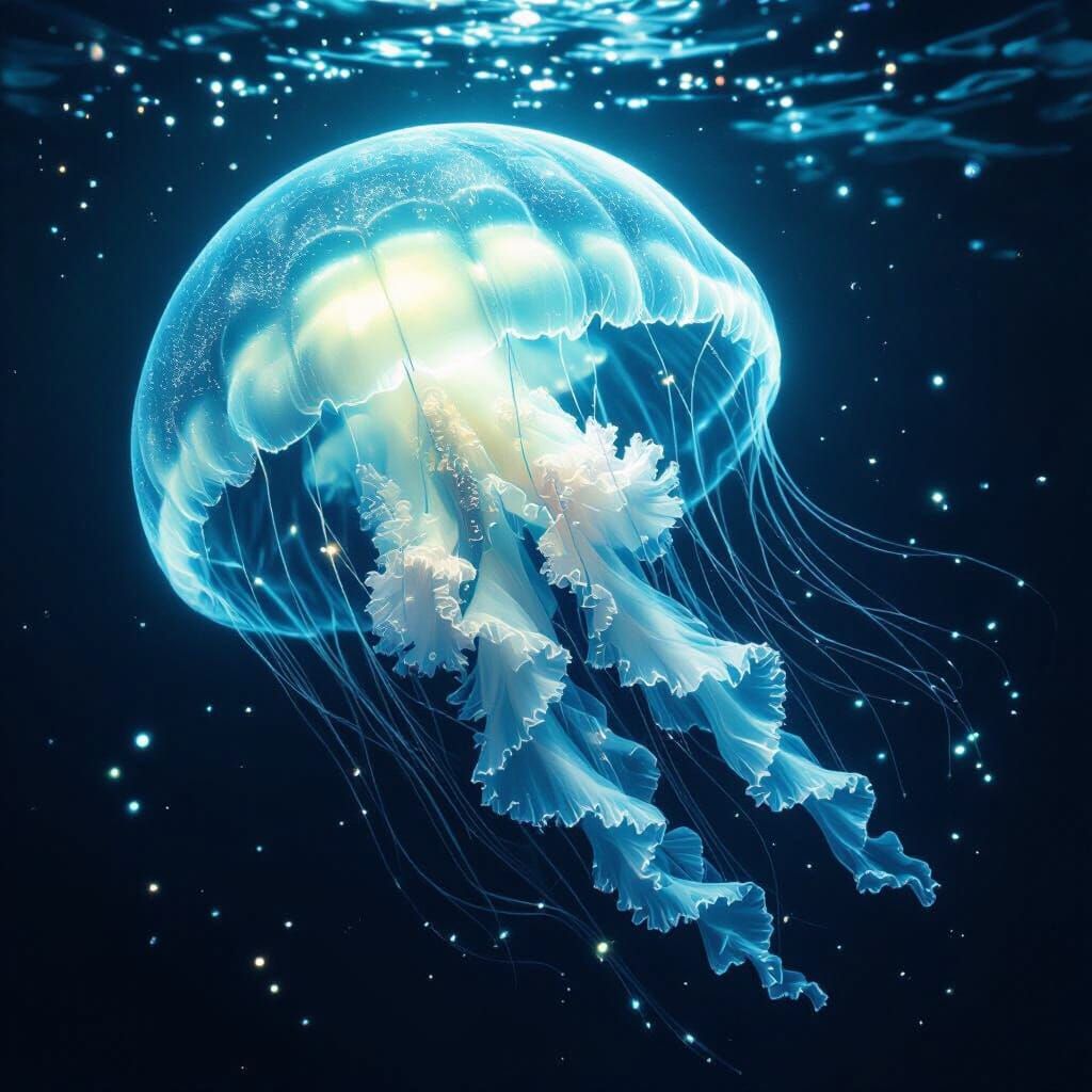 Bioluminescent Jellyfish Floating in Mysterious Ocean Waters