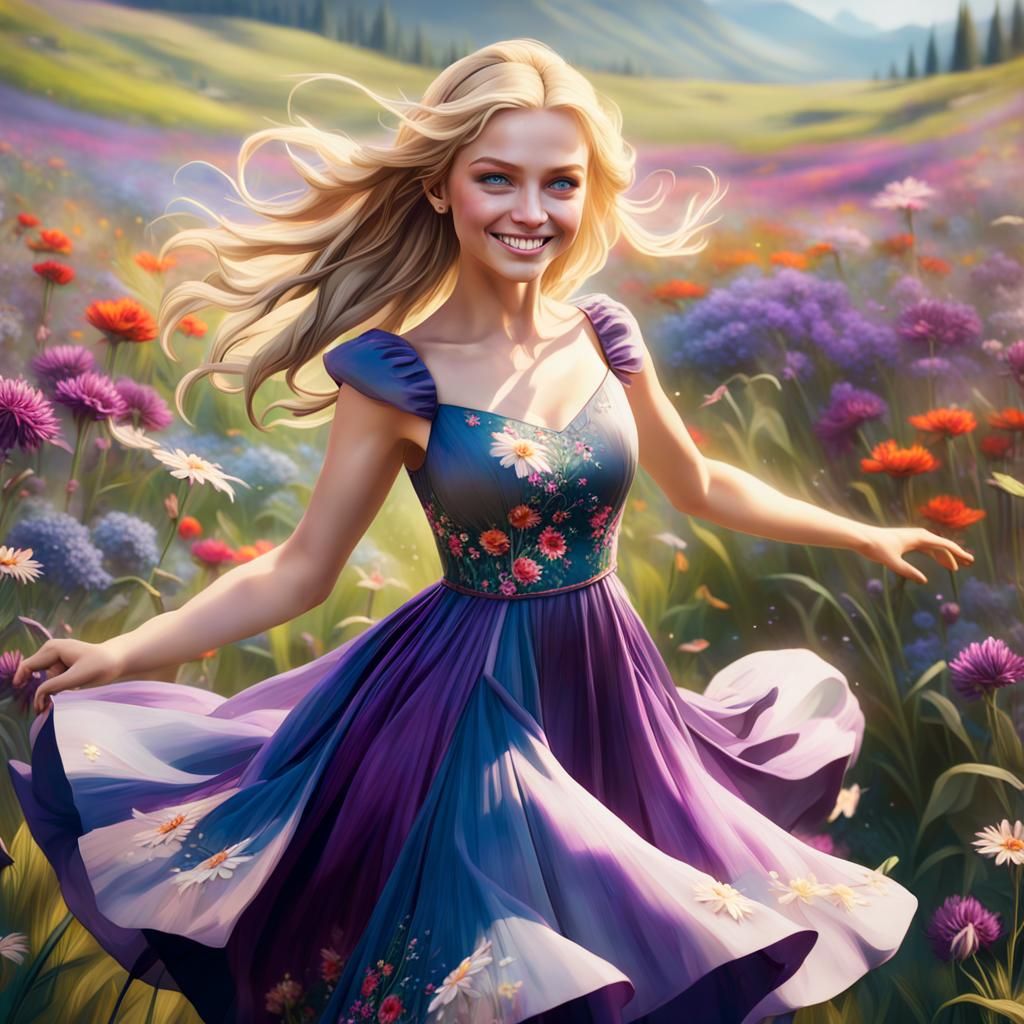 Girl Twirling in Flower Meadow: Fantasy Concept Art