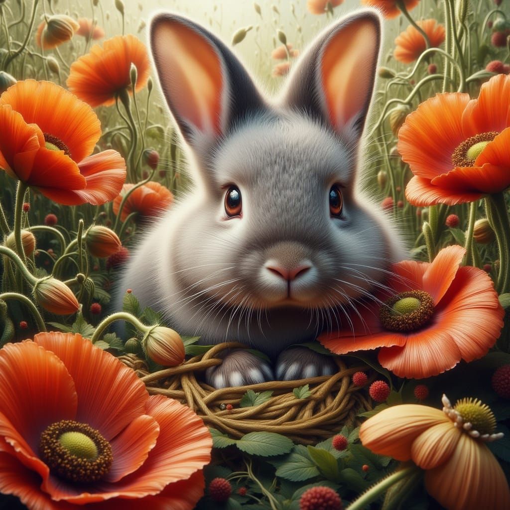 Hyperrealistic Bunny Among Orange Poppies