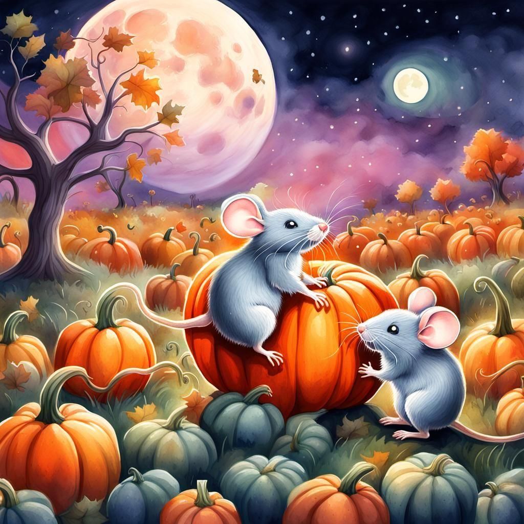 Two mice trying to choose the perfect pumpkin