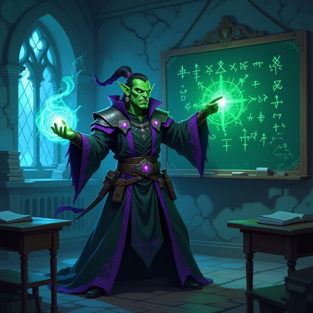 Orc Warlock in Fel Classroom: Dark Fantasy Art