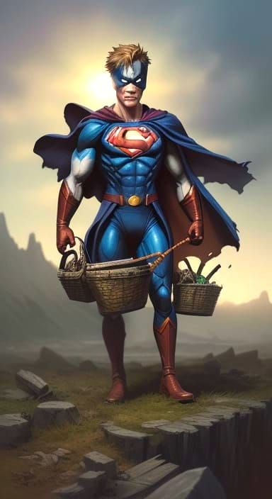 Miniature Comic Book Superhero Imprisoned in Basket