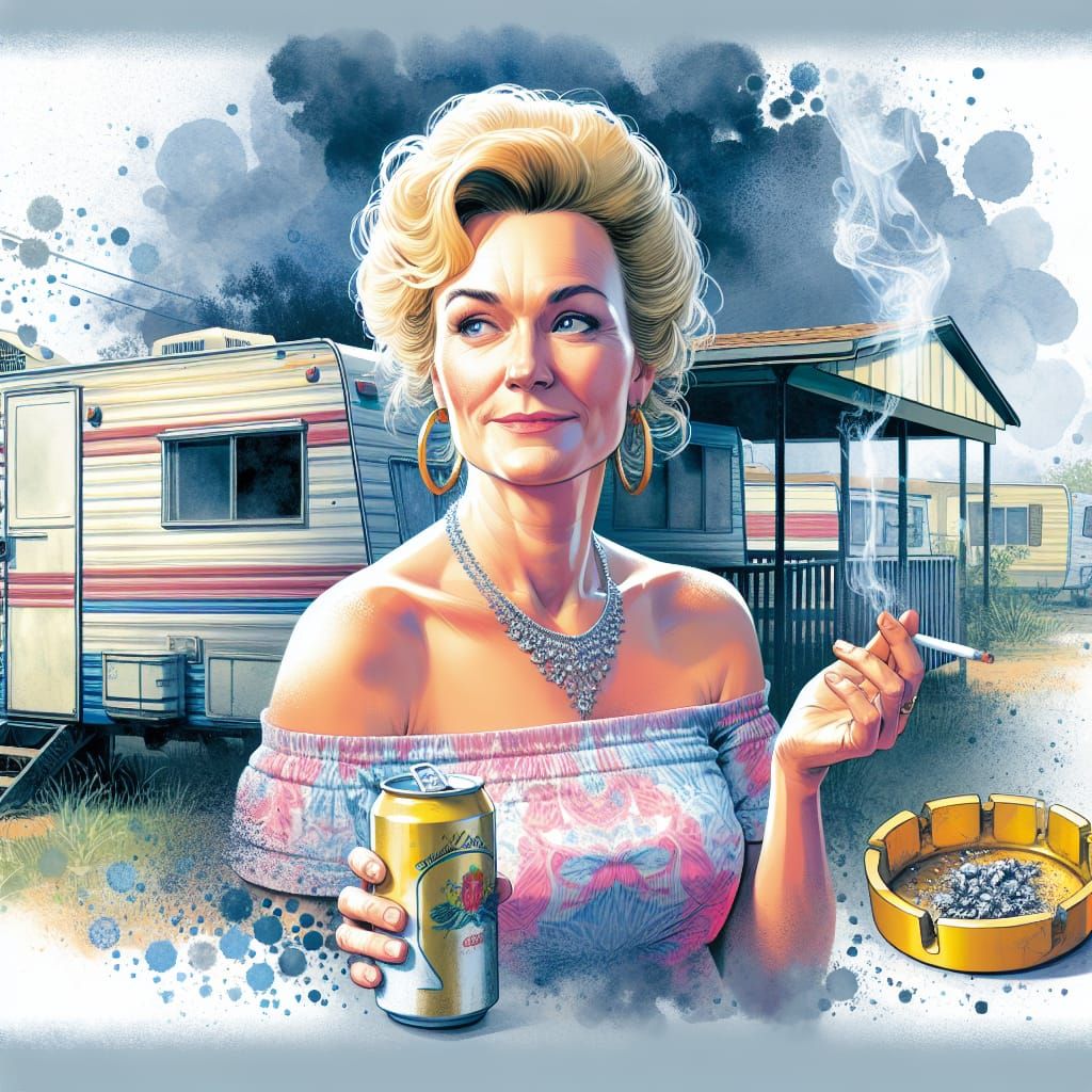 Trailer park mom in tube top, drinking can of beer ,smoking a cigarette, 1976's, ashtray, moms