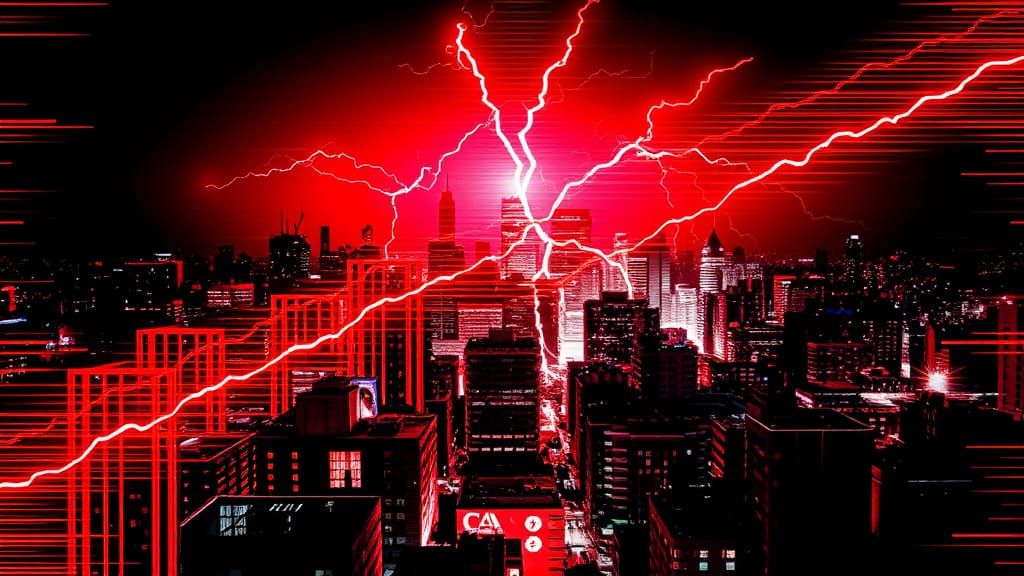 Glitch Art Cityscape with Red Lightning