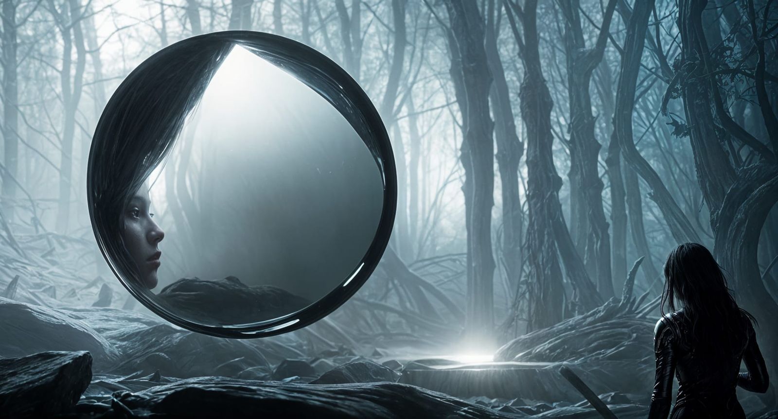 Liquid Metal Mirror Reflects Eaten Person in Dark Fantasy