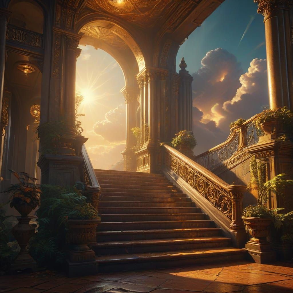 Ethereal Stairway to the Heavens in a Grand, Cinematic Style