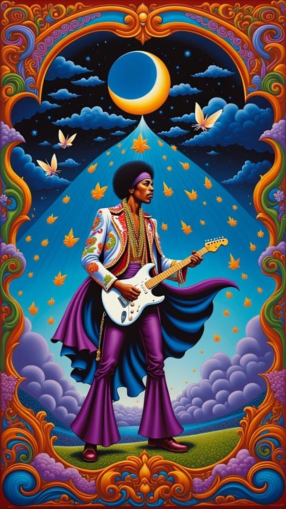 Surreal Jimi Hendrix Performs Under Starry Night Sky in Psyc...