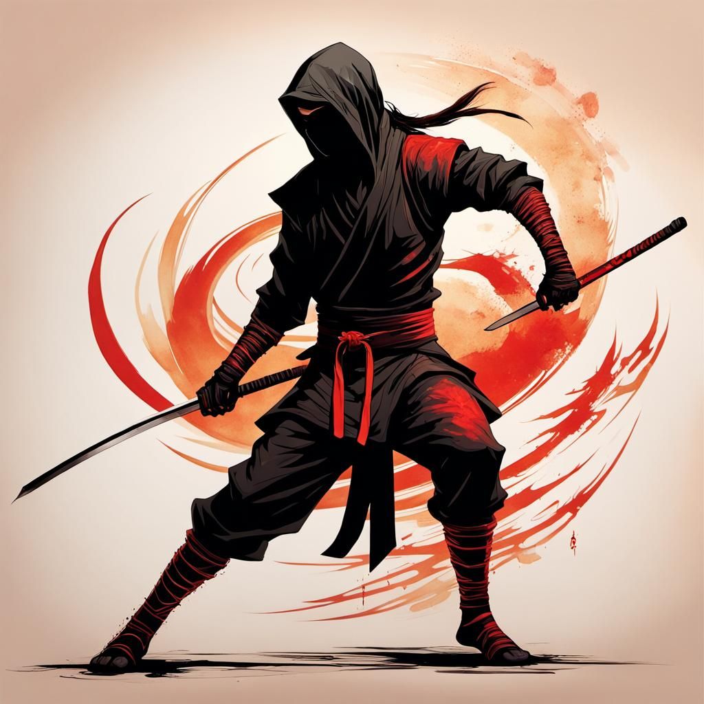 Ninja Assassin in Ink Art with Vivid Red Accents