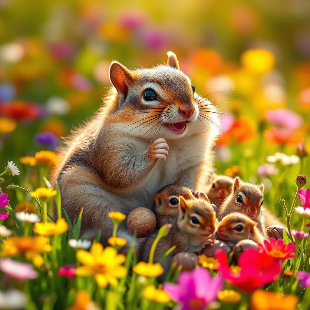 Gigantic Chipmunk Frolics with Baby Squirrels in a Vibrant W...