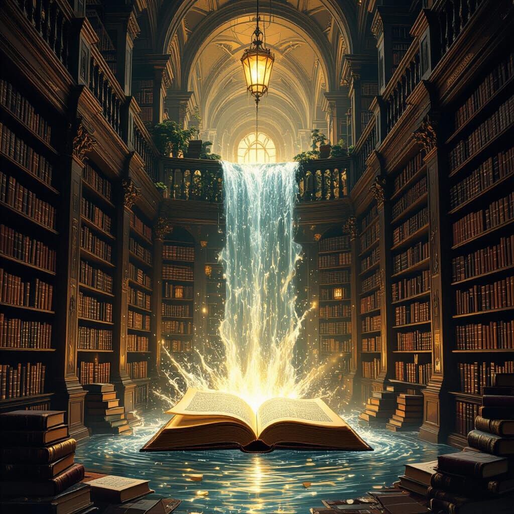 Ethereal Waterfall Cascading Through Ancient Library