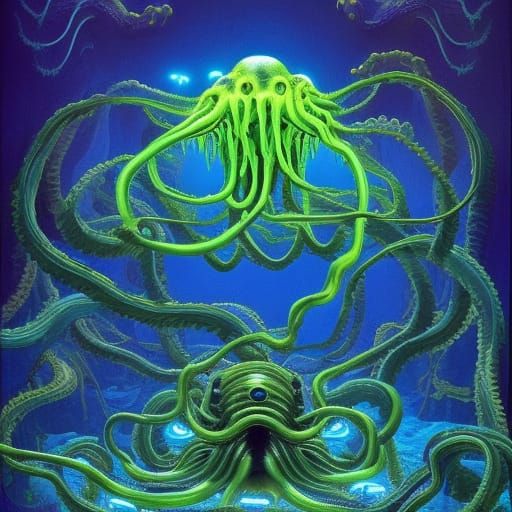 Blinking Kraken in Electric Chasm: Neon Sci-Fi Fairytale