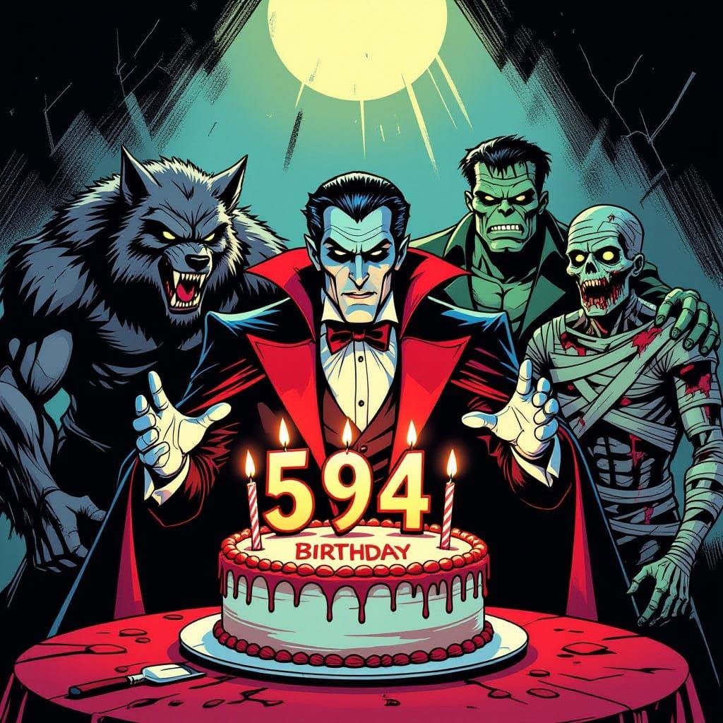 Dracula Blows Out Birthday Candles in Comic Book Style