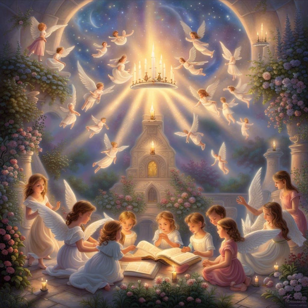 Angels Gather Around Magical Storybook
