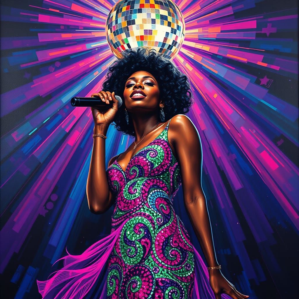Vibrant Disco Singer in Kaleidoscopic Sequins