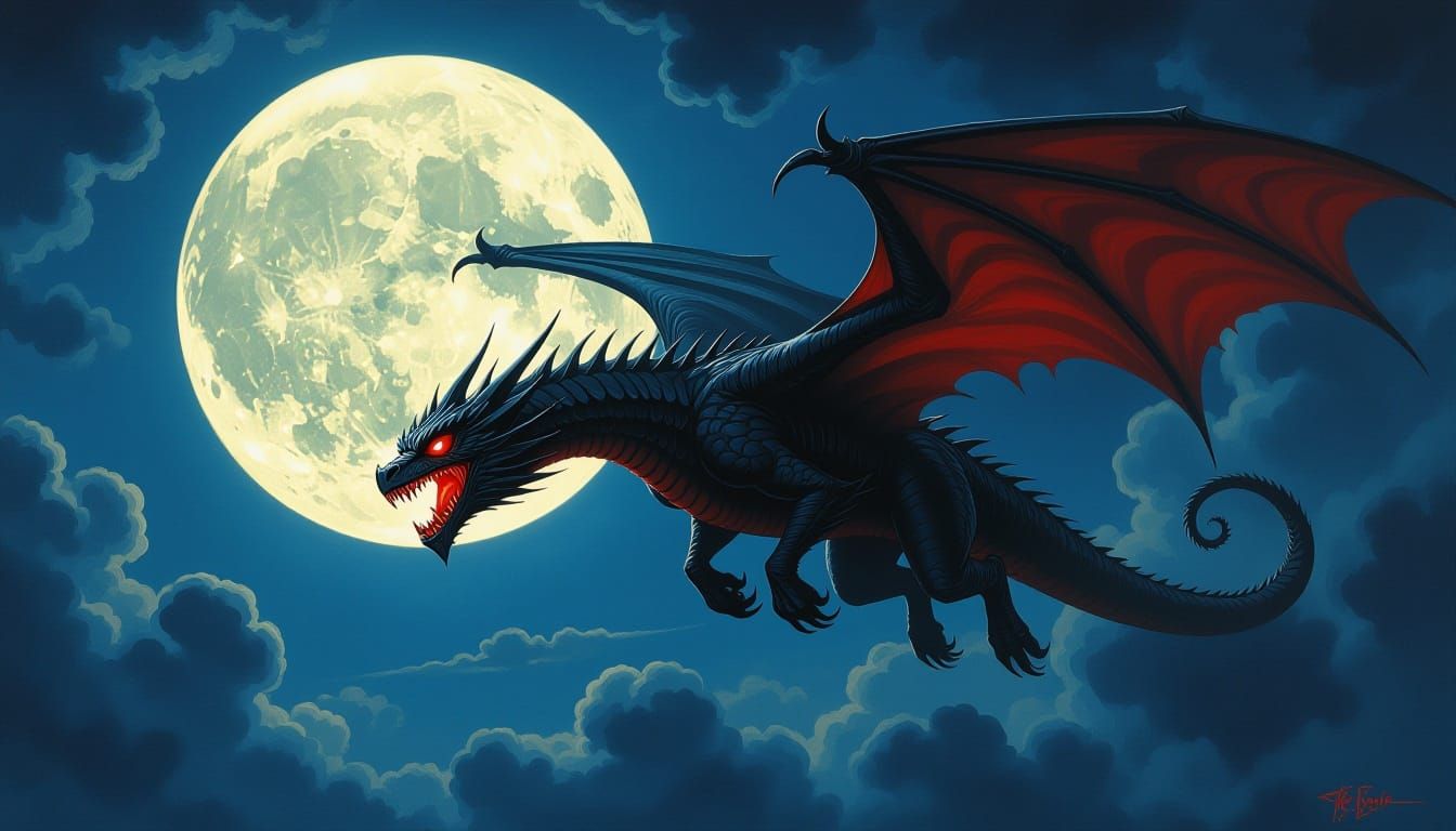Terrifying Vampire Dragon Flies Past Full Moon