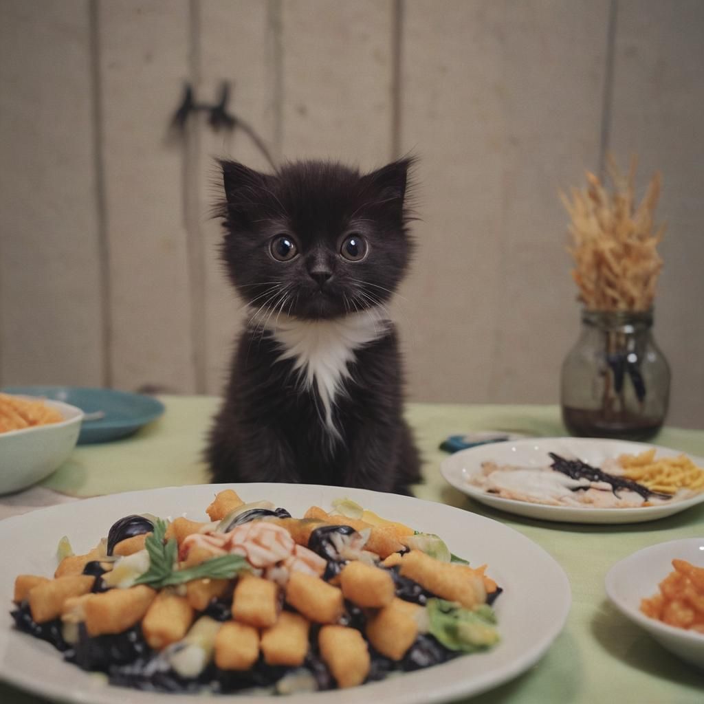 Adorable Fluffy Kitten Considers Fish Sticks: Cinematic Stil...