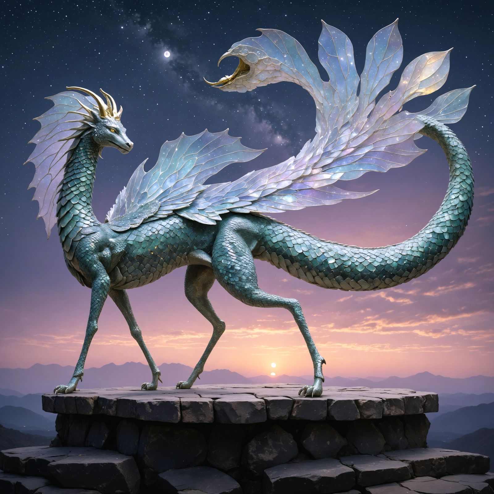 Majestic Mythical Creature Under Star-Strewn Dusk Sky