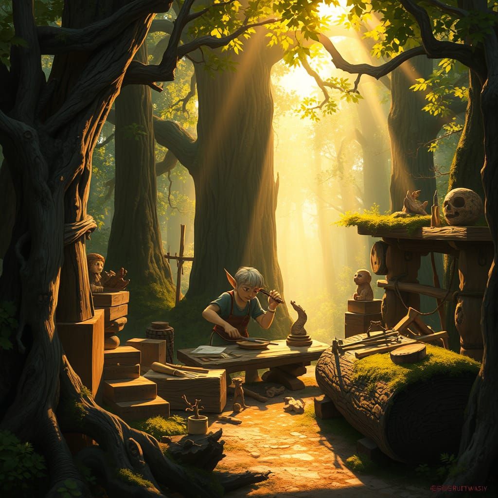 Enchanted Elven Woodworker in Ghibli-Inspired Forest