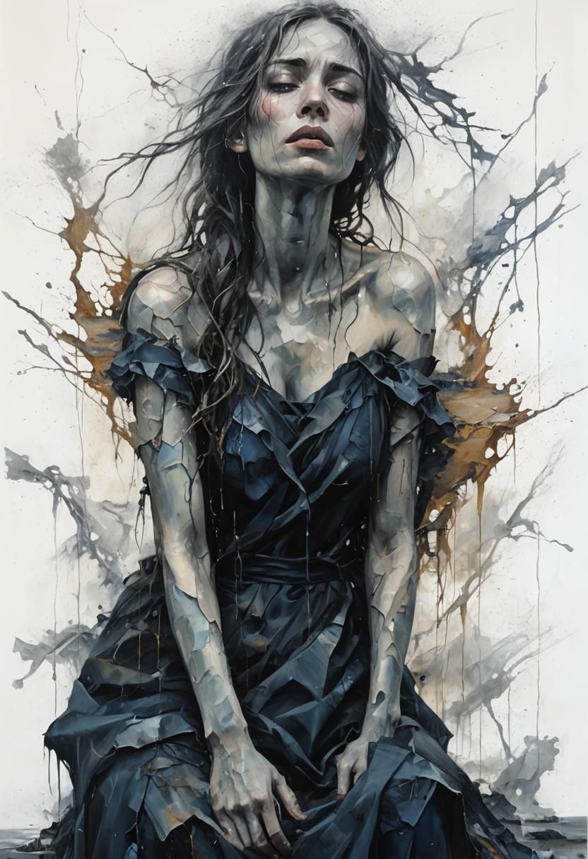 Ethereal Surrealism: Woman's Sorrow in Stormy Landscape