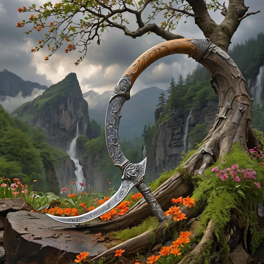 Grim Reaper Scythe by Mountain Waterfall in Oil Painting