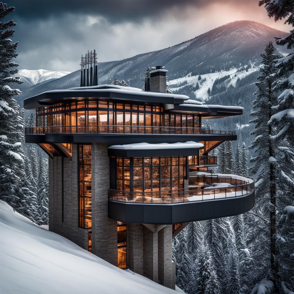 Frank Lloyd Wright Style Ski Chalet in Mountains
