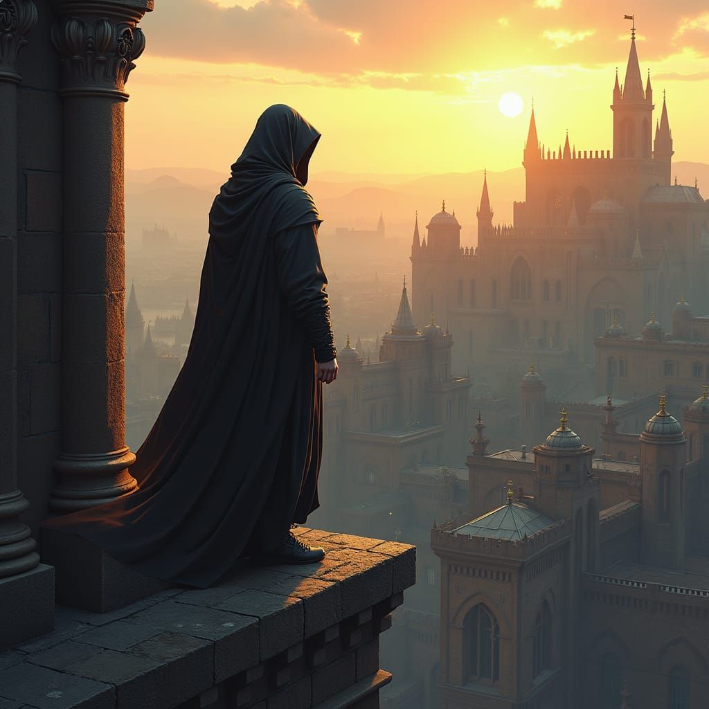 Hooded Figure Overlooking Medieval Cityscape