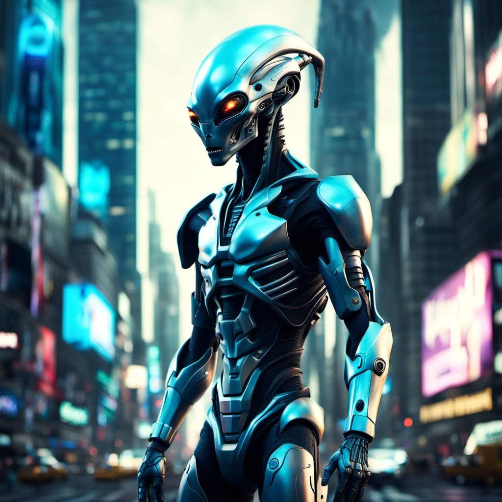 Hyperrealistic Alien Cyborg in Sci-Fi City