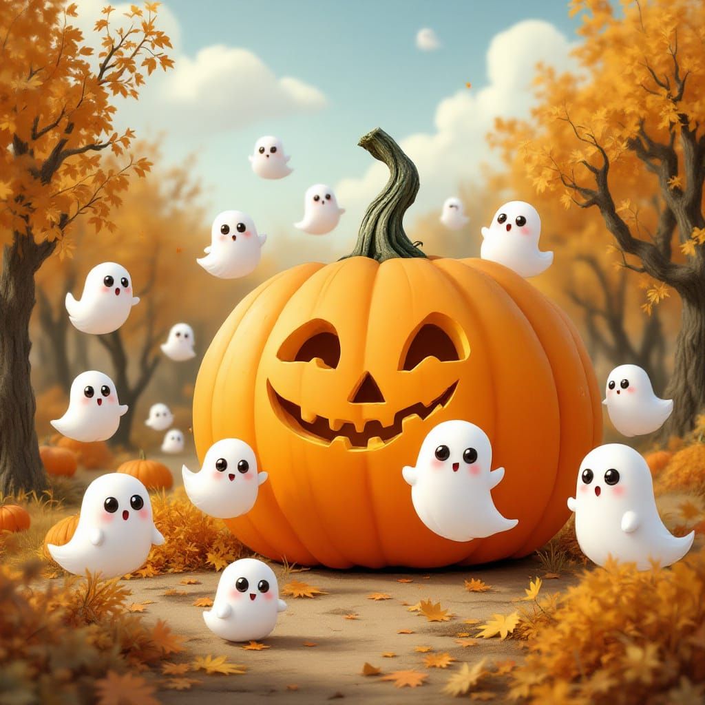 Cute Chibi Ghosts Play with Giant Smiling Pumpkin