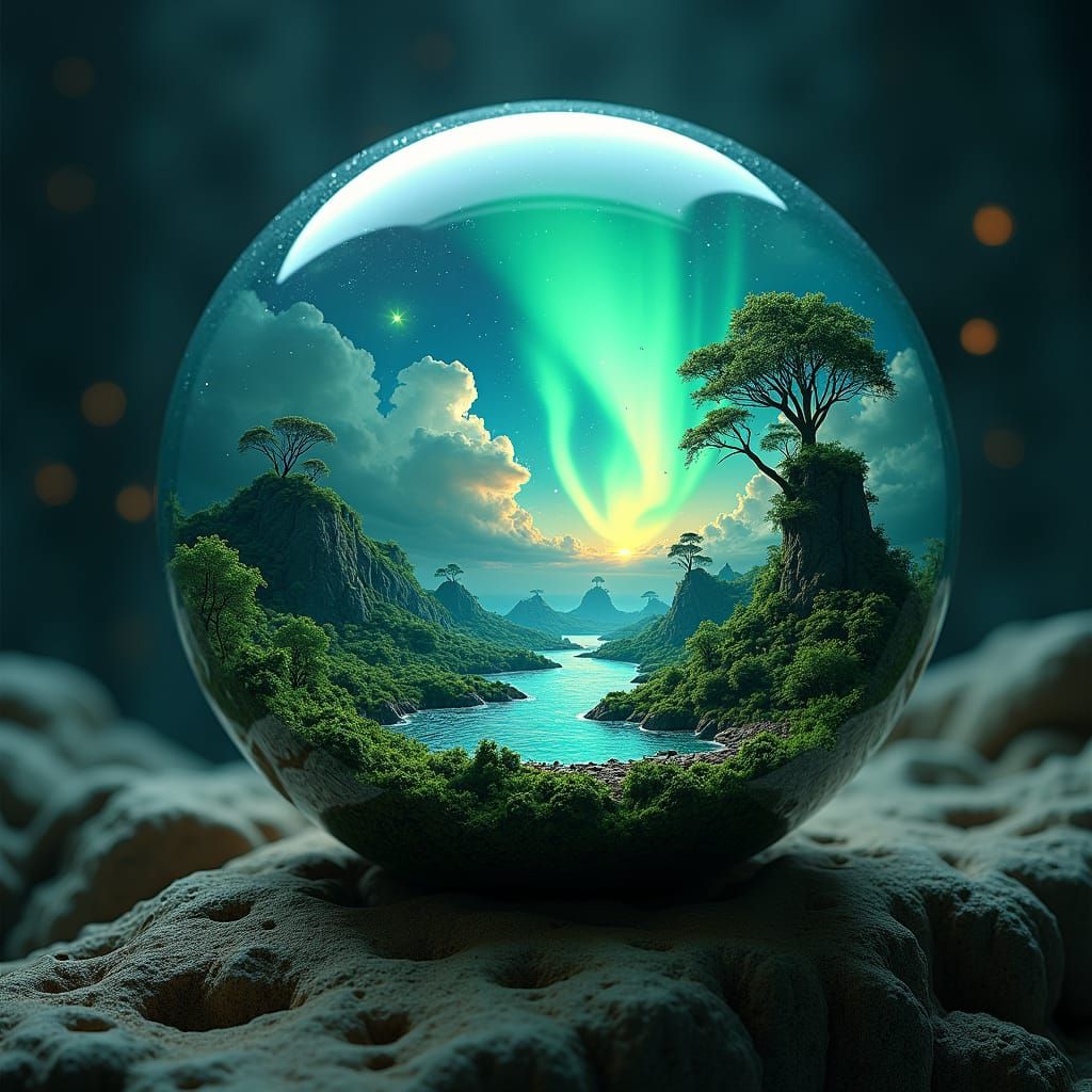 Miniature World in Iridescent Orb, Surreal Sci-Fi Art