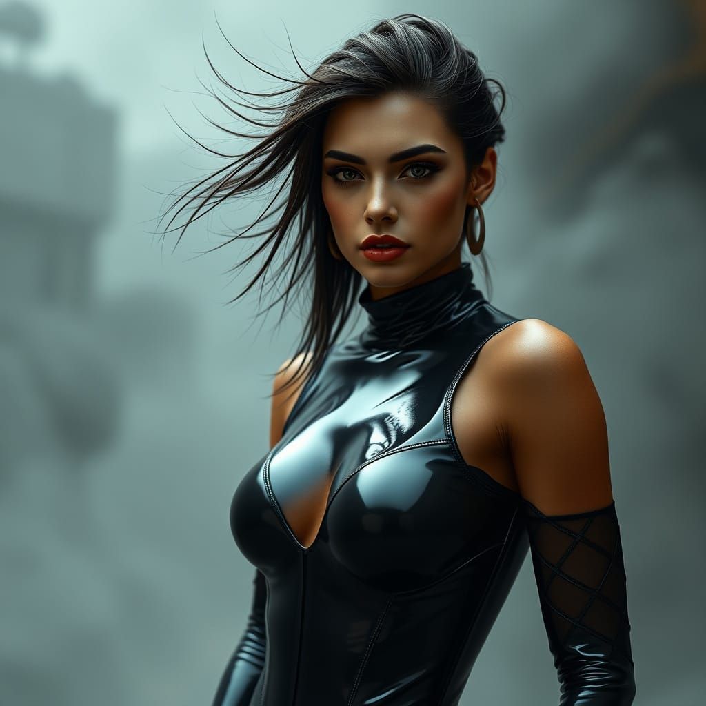 Brunette Model in Latex Bodysuit with Windswept Hair