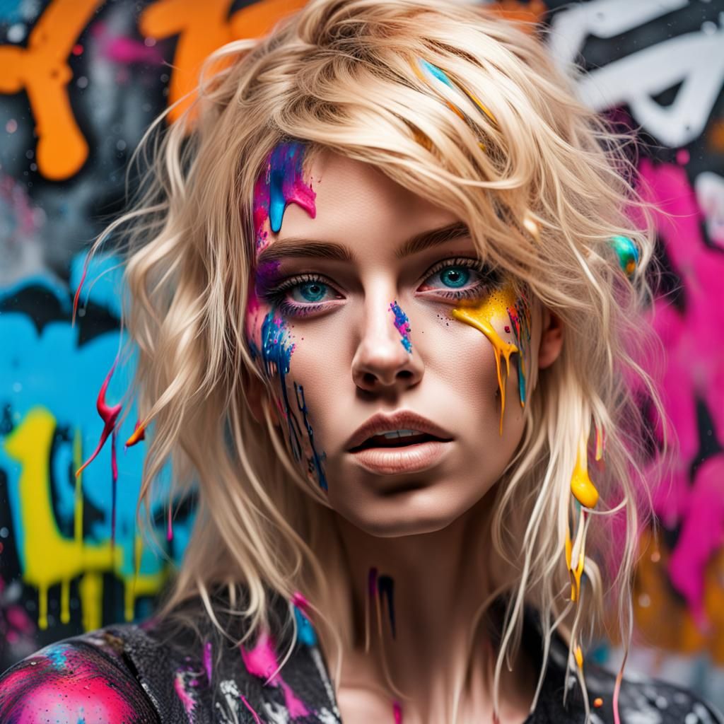 Blond Model in Colorful Graffiti Street Art