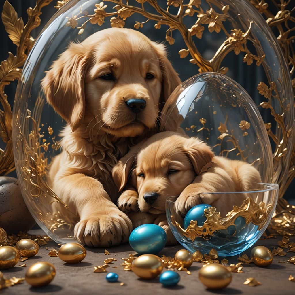 Golden Retriever Puppy and Glass Egg: Detailed Matte Paintin...