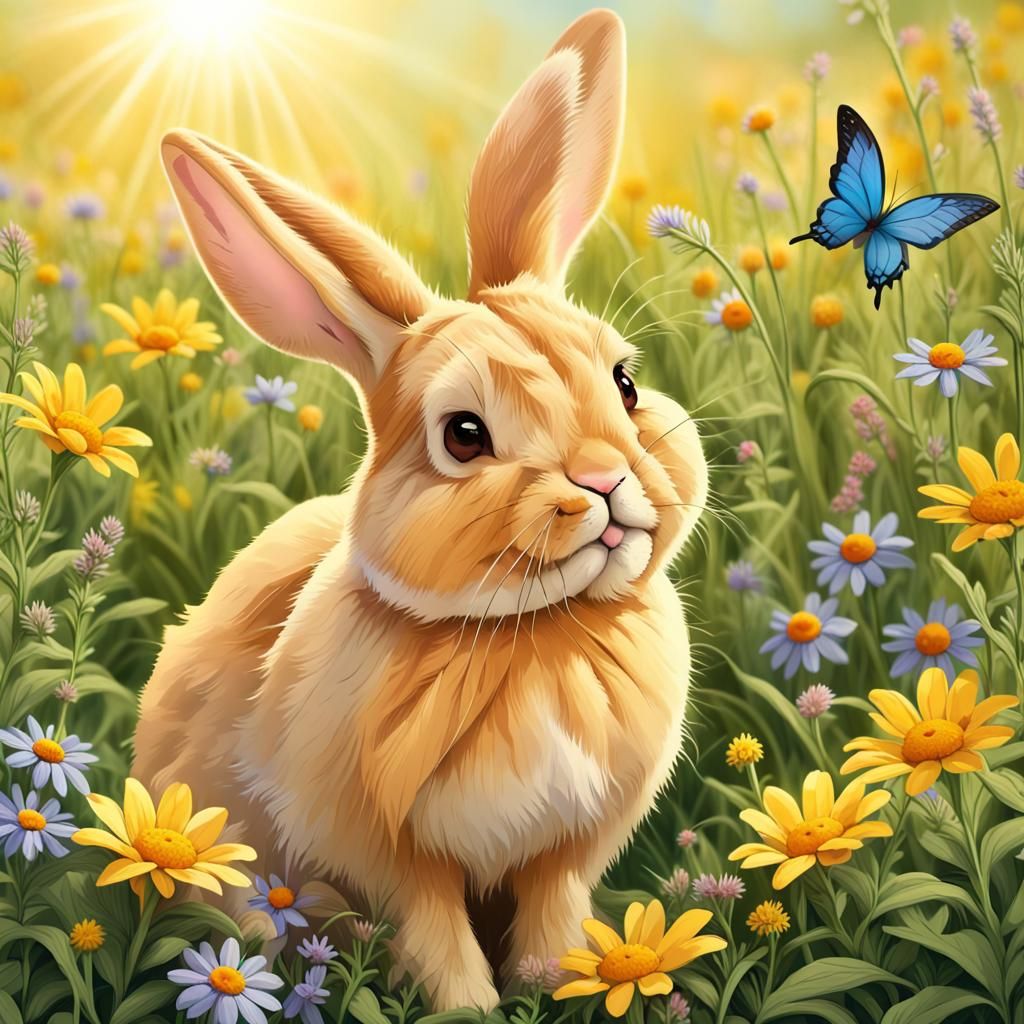 Cute Rabbit in Sunny Meadow Digital Painting