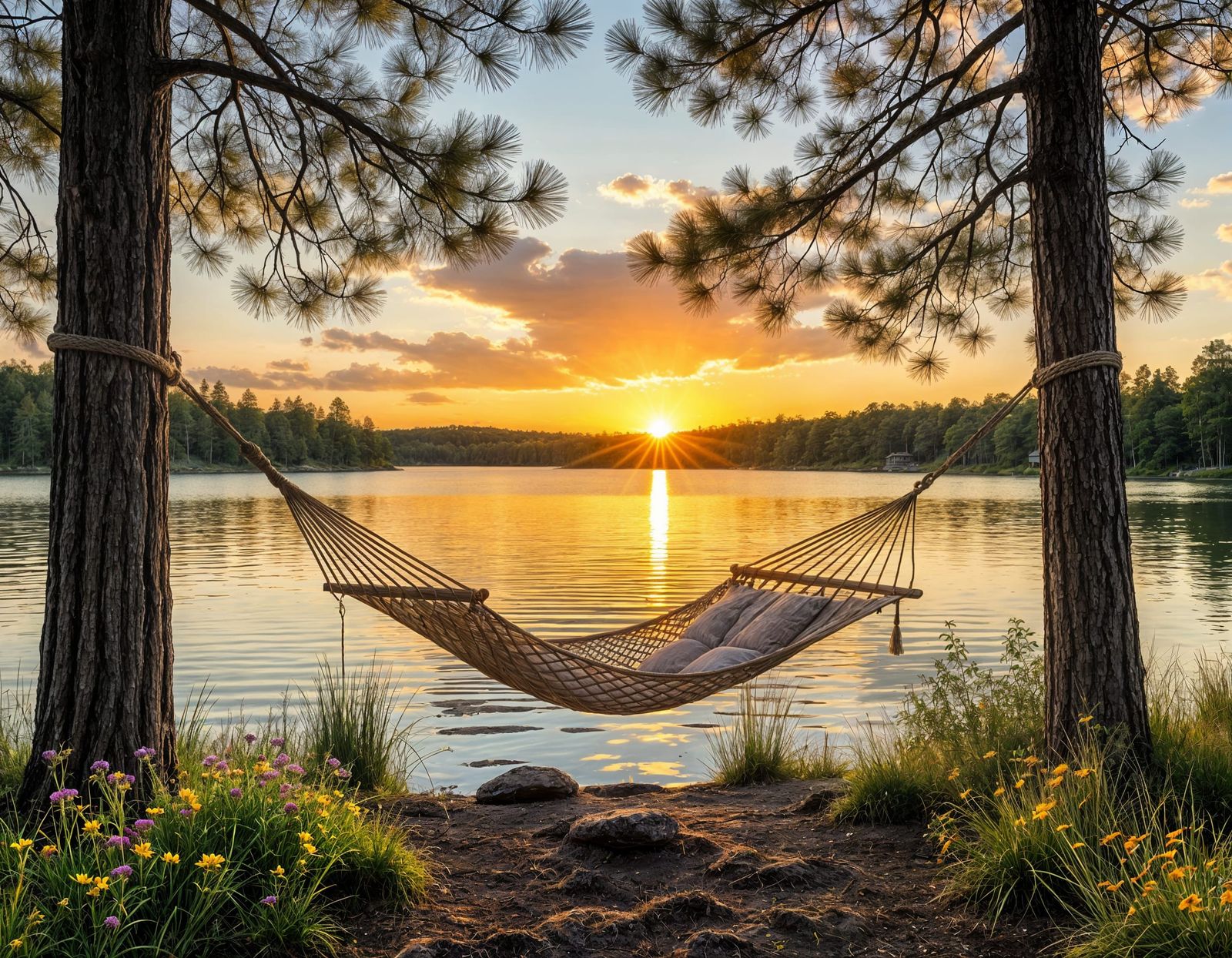 Serene Lakeside Hammock at Golden Hour