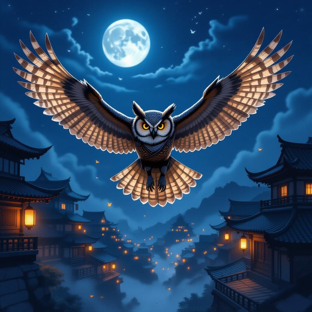 Owl Ninja Silently Flies Above Lantern Village