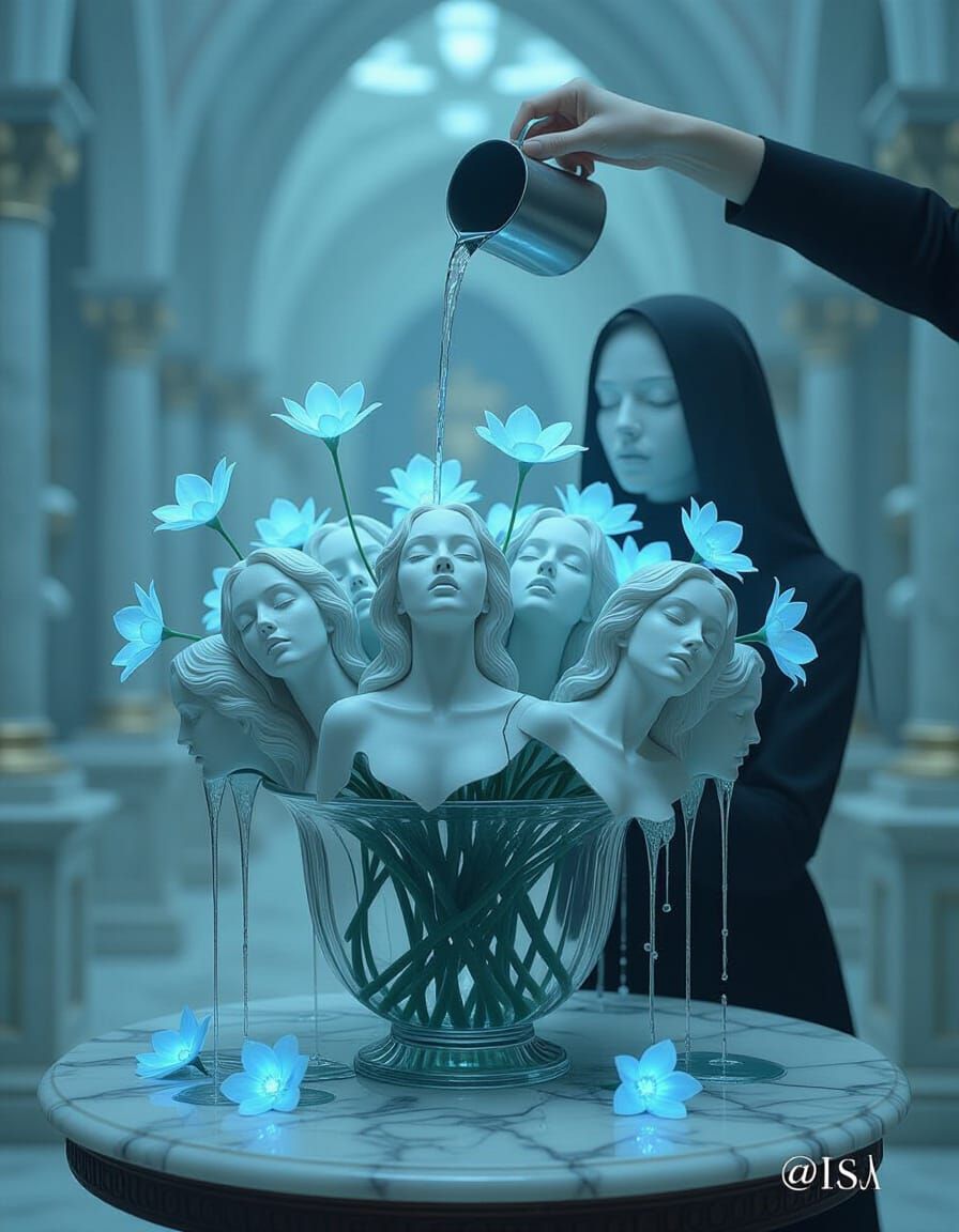 Surreal Dream Scene: Busts Bloom with Glowing Flowers