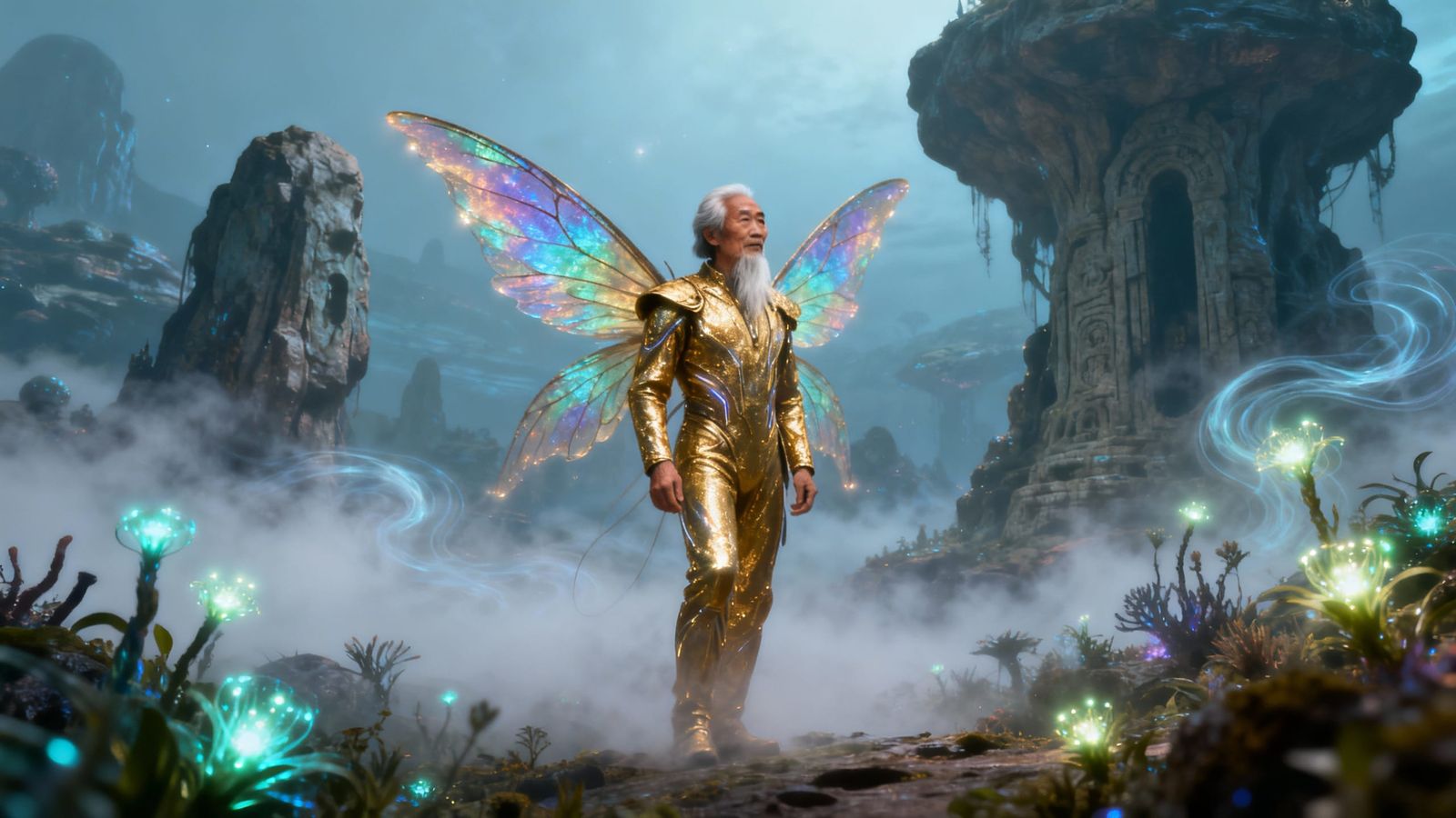 Elderly Man with Iridescent Wings on Alien Planet