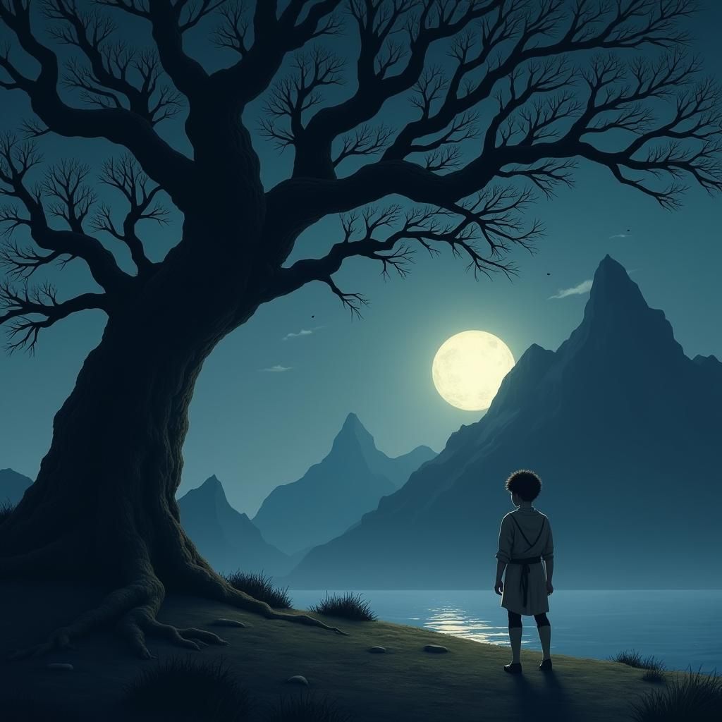 Moonlit Mountain Landscape with Boy, Ethereal Style