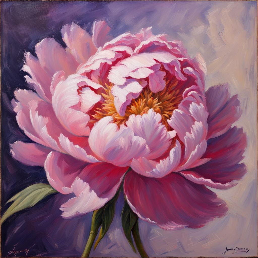 Pink Peony on Lavender in Oil Painting Style