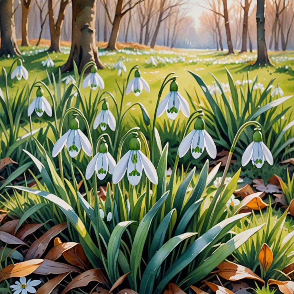 Snowdrop Flowers in Watercolor Painting Style