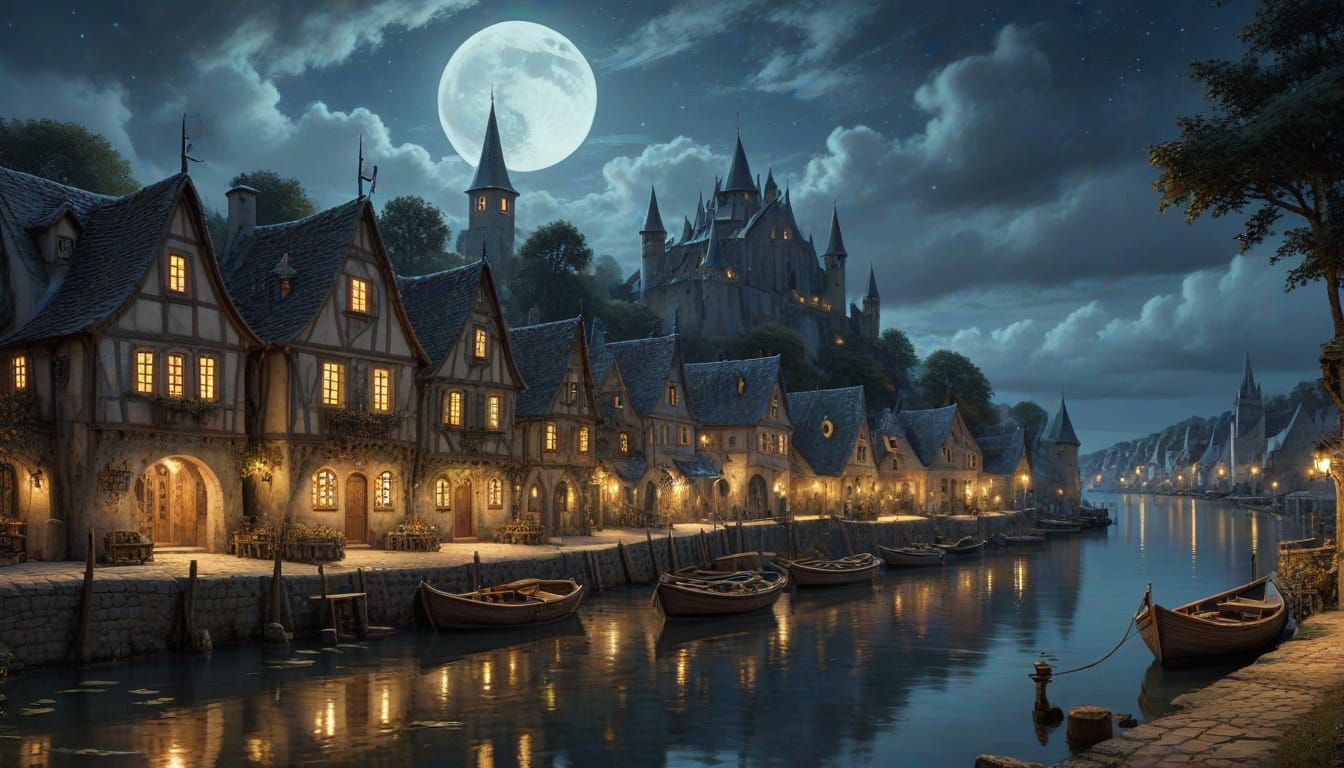 Whimsical Village Scene by Moonlit Water