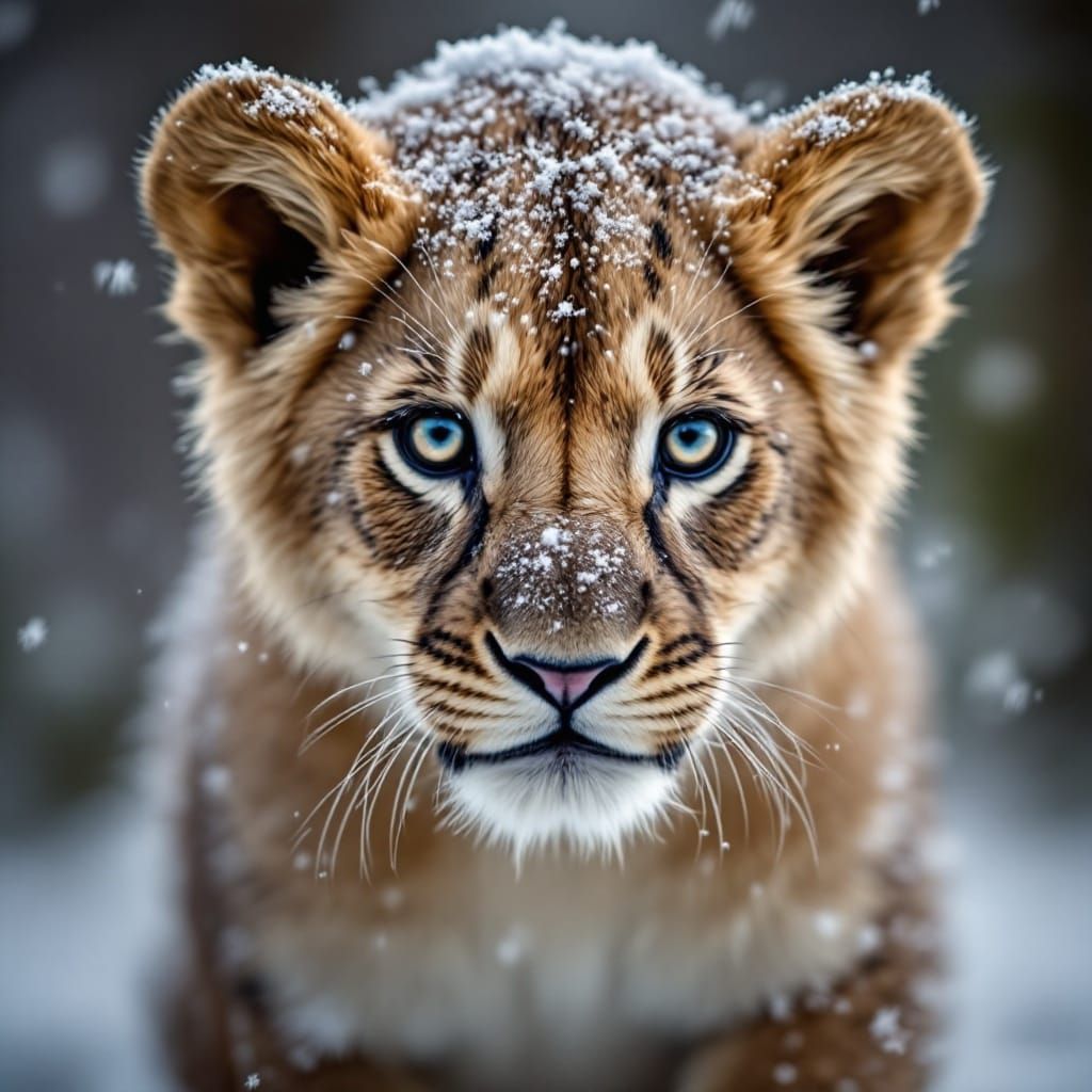 Snowy Lion Cub Portrait in Realistic Style
