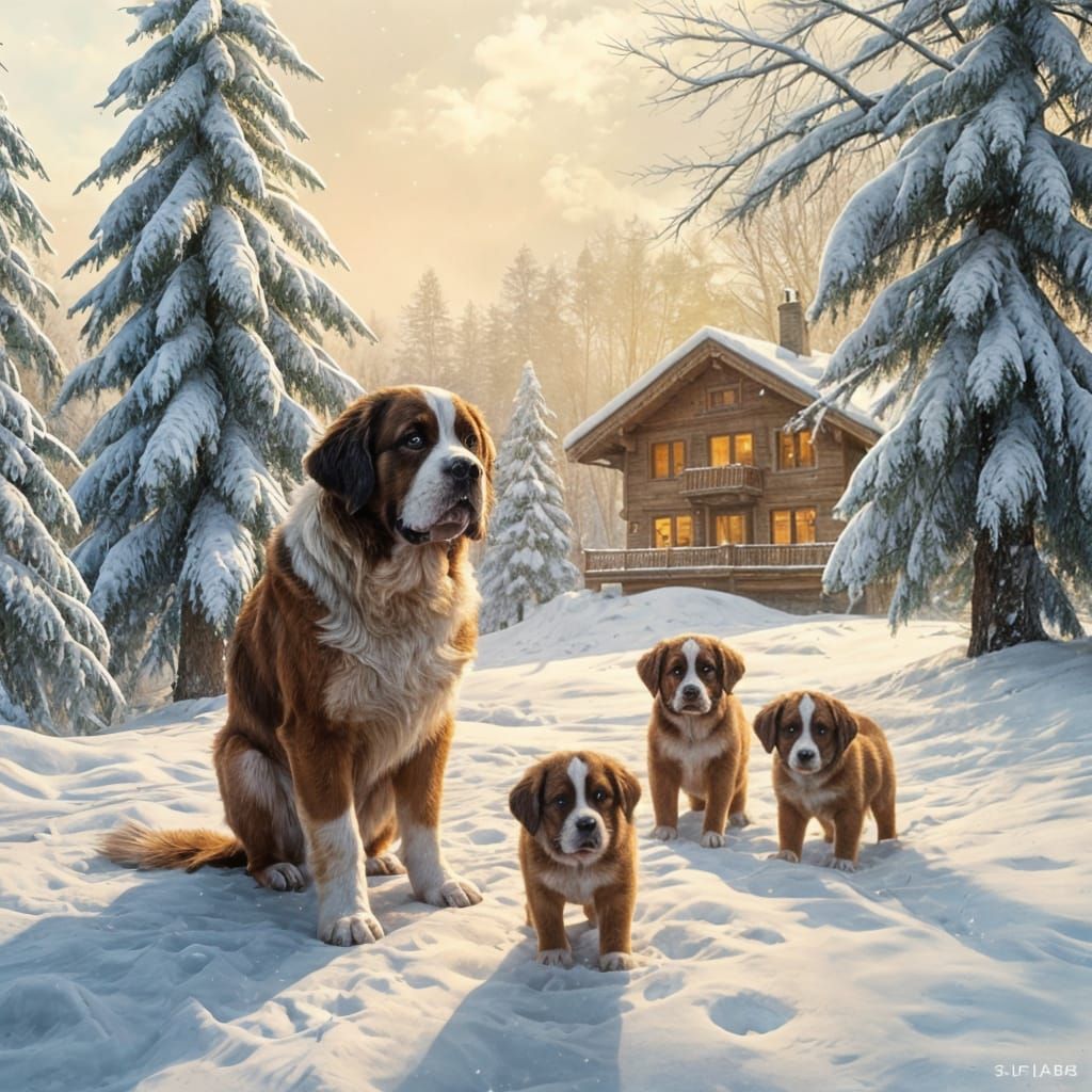 St. Bernard Puppies Play in Winter Wonderland as Oil Paintin...