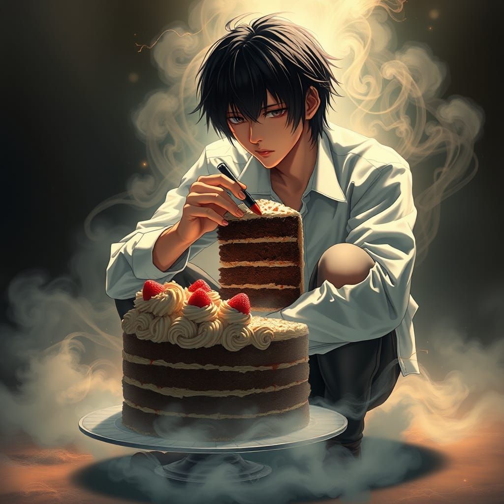 Light Yagami Devouring Cake in Dreamlike Fantasy Realm