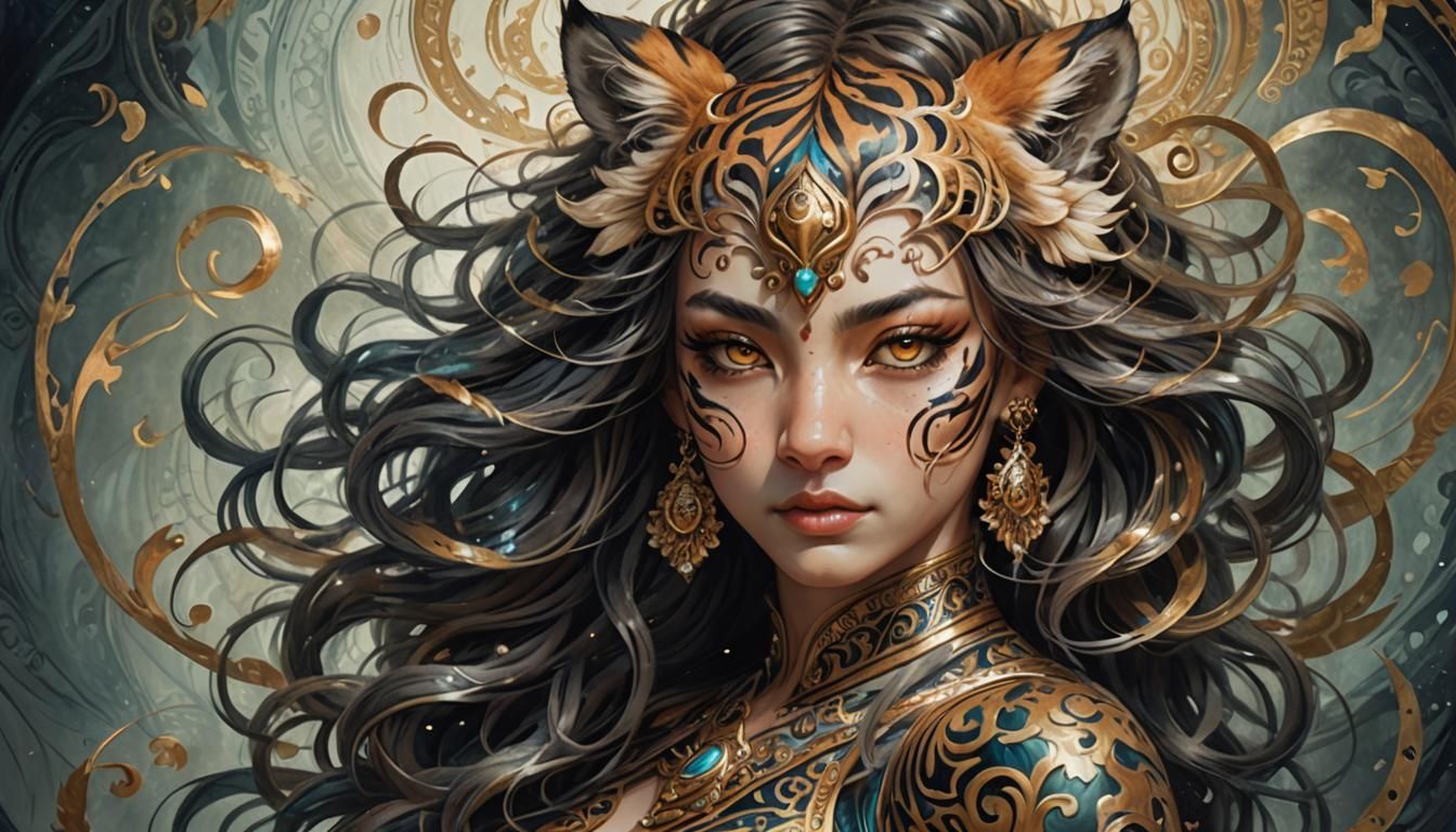 Fantasy Tiger Girl Portrait in Detailed Watercolor Style