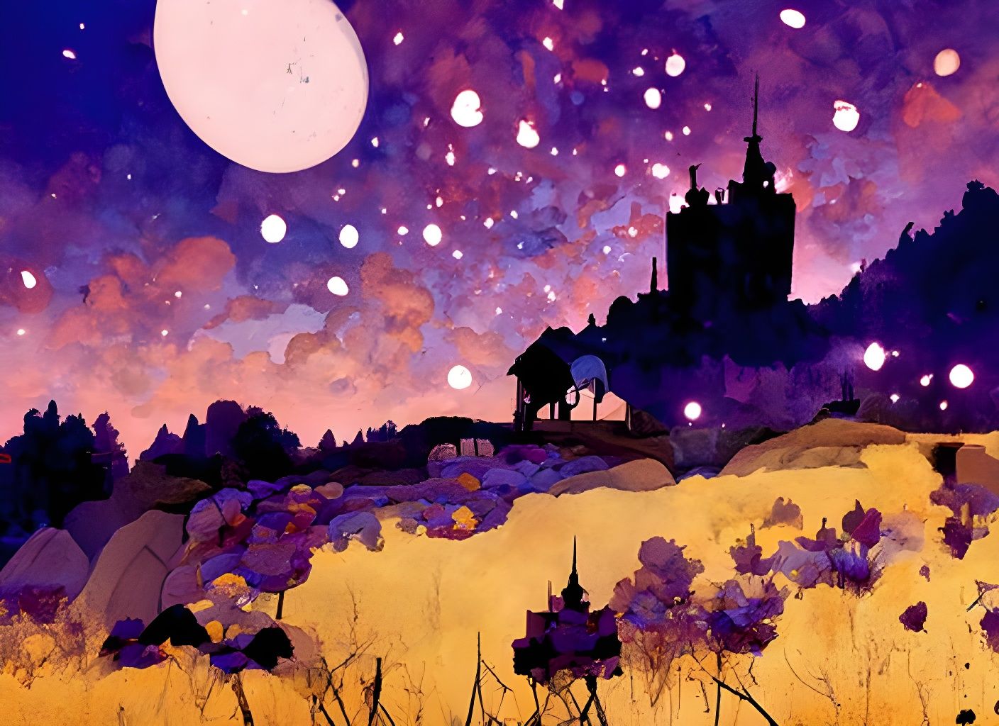 Dreamy Medieval Fairytale Landscape in Watercolor