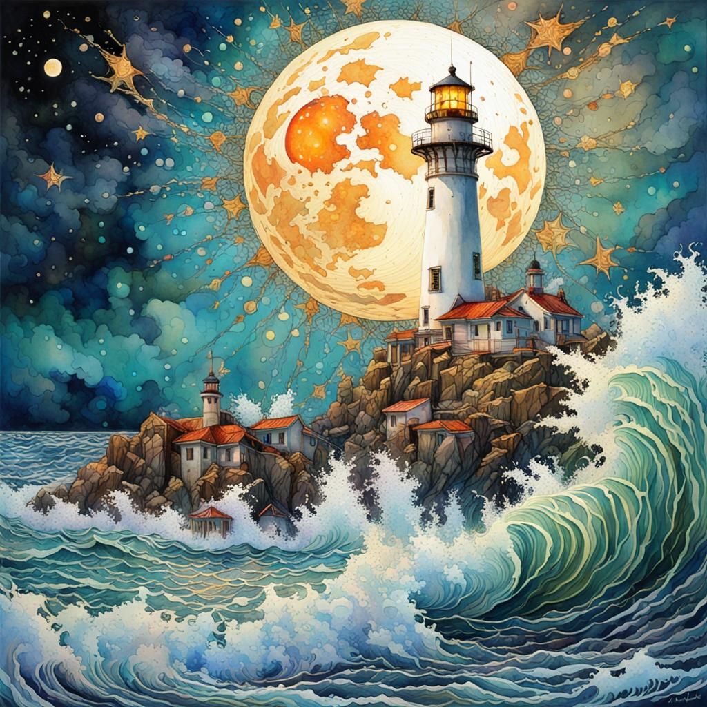 Art Nouveau Lighthouse Oceanscape in Watercolor