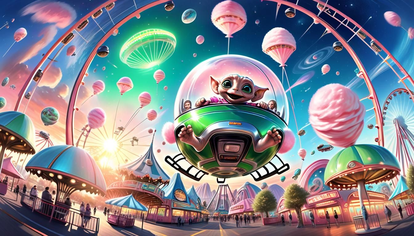 Alien Child in Space Amusement Park: Mixed Media Art